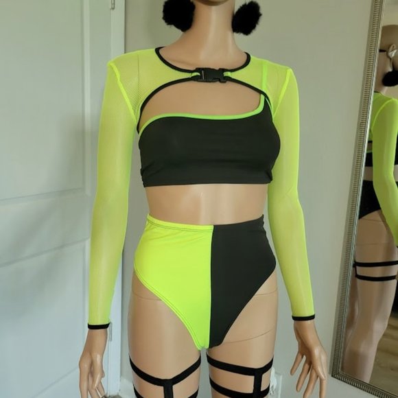 iHeartRaves Other - Neon Green & Black Colorblock Rave Set w/ Accessories
